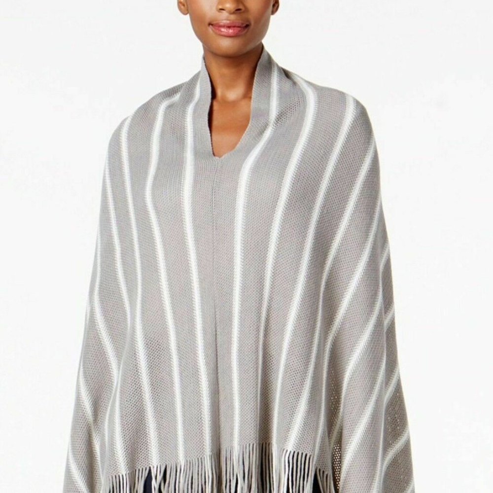 Charter Club Pinstripe Bias Poncho Grey ONE SIZE